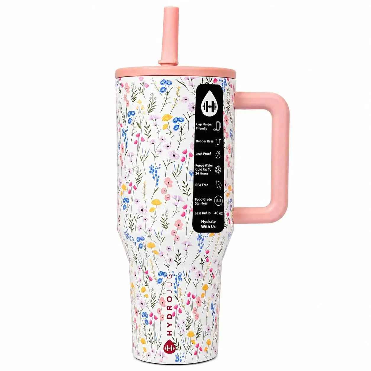 HydroJug 40oz Clean Girl Aesthetic Flower Tumbler - Portable, Leakproof, Double-Wall Vacuum Insulated Stainless Steel Drink Bottle with Handle, Straw Lid, Cup Holder-Friendly for Travel, Gym, Modern Daily Use