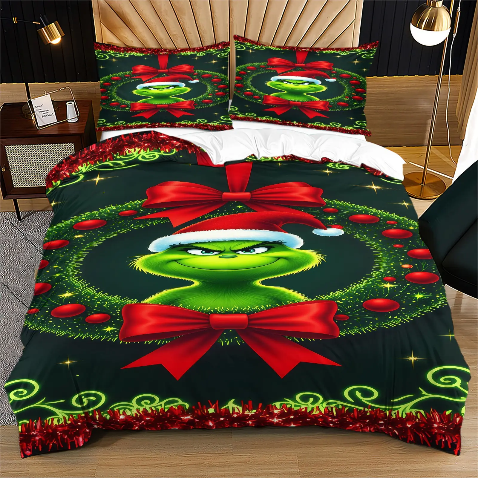 Green Hair Monster Pattern Duvet Cover Set, Christmas Bedding Set, Includes 1 Duvet Cover And 1 Or 2 Pillowcases, Without a Core Or Pillow, Suitable For Teenagers And Adults, Dormitory, Apartment, Bedroom Decoration