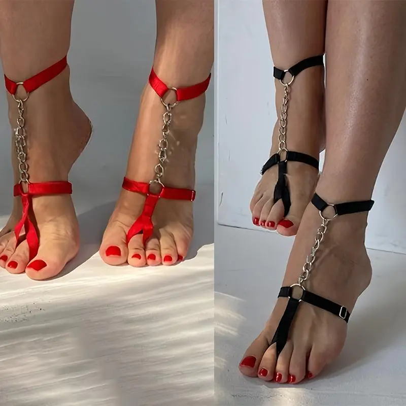 Women's Adjustable Gothic Black Elastic Bandage Anklet Bracelet - Single, Lightweight, 35-75cm, Halloween Role Play Accessory for Summer Barefoot High Heel Sandals Prom, Thigh Harness