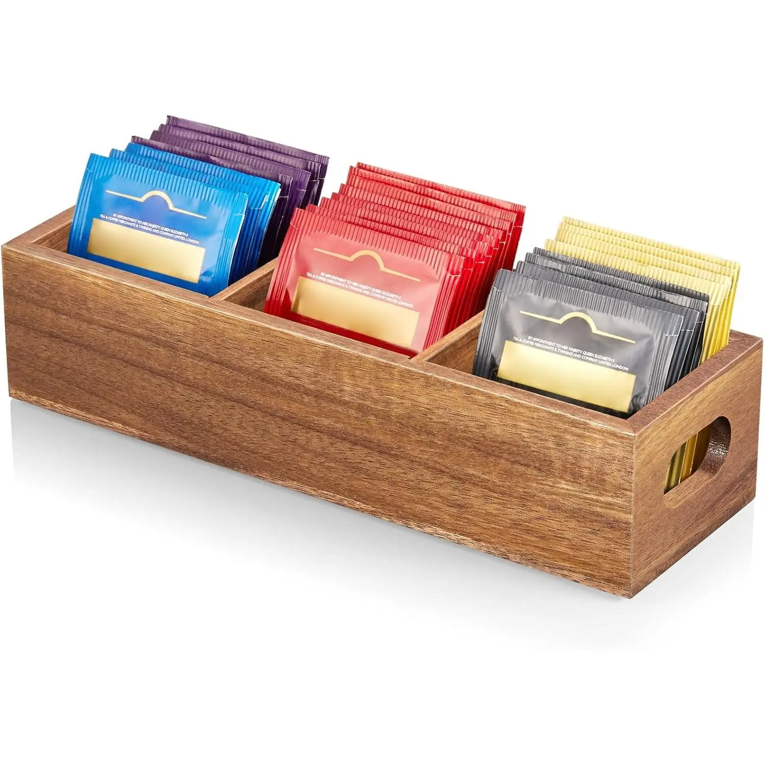 Tea Bag Organizer, Acacia Tea Bag Holder, Tea Storage Containers with 3 Slots, Wooden Tea Storage Accessories, Mini Tea Bag Caddy Box for Countertop