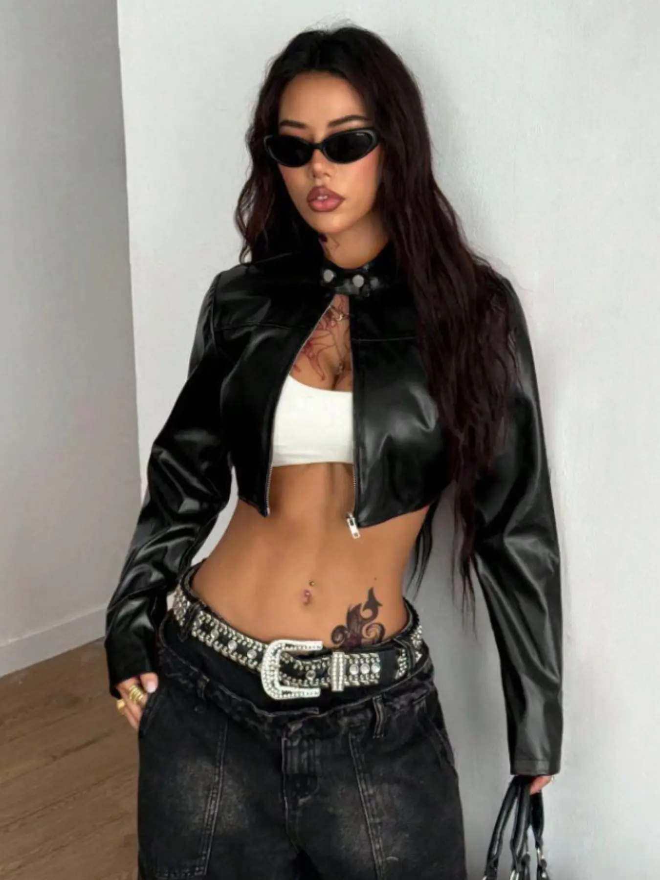American Style Short Leather Jacket for Women, Stand Collar Zipper Slim Fit PU Coat, Y2K Retro Motorcycle Top, All Seasons Casual Outerwear