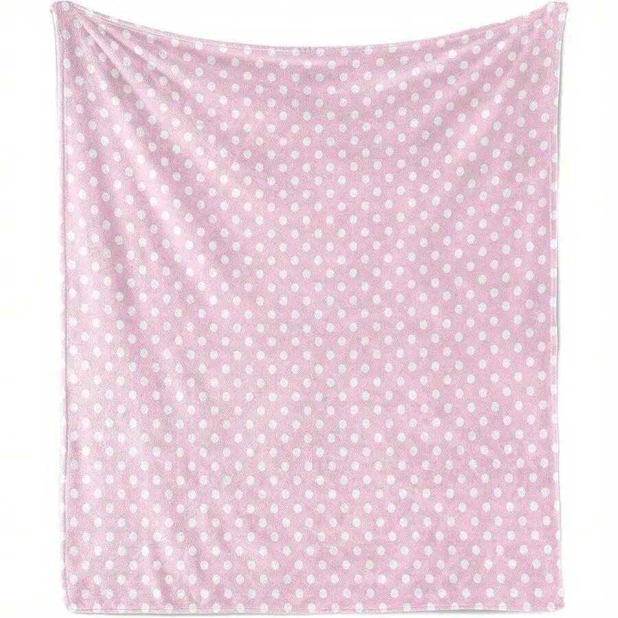 Polyester Pink White Polka Dot Flannel Throw Blanket - Soft, Warm, Vintage-Inspired Geometric, Coquette Aesthetic, Skin-Friendly, Breathable, Lightweight, Portable - Multi-Size for Couch Lounge, Modern Home Décor