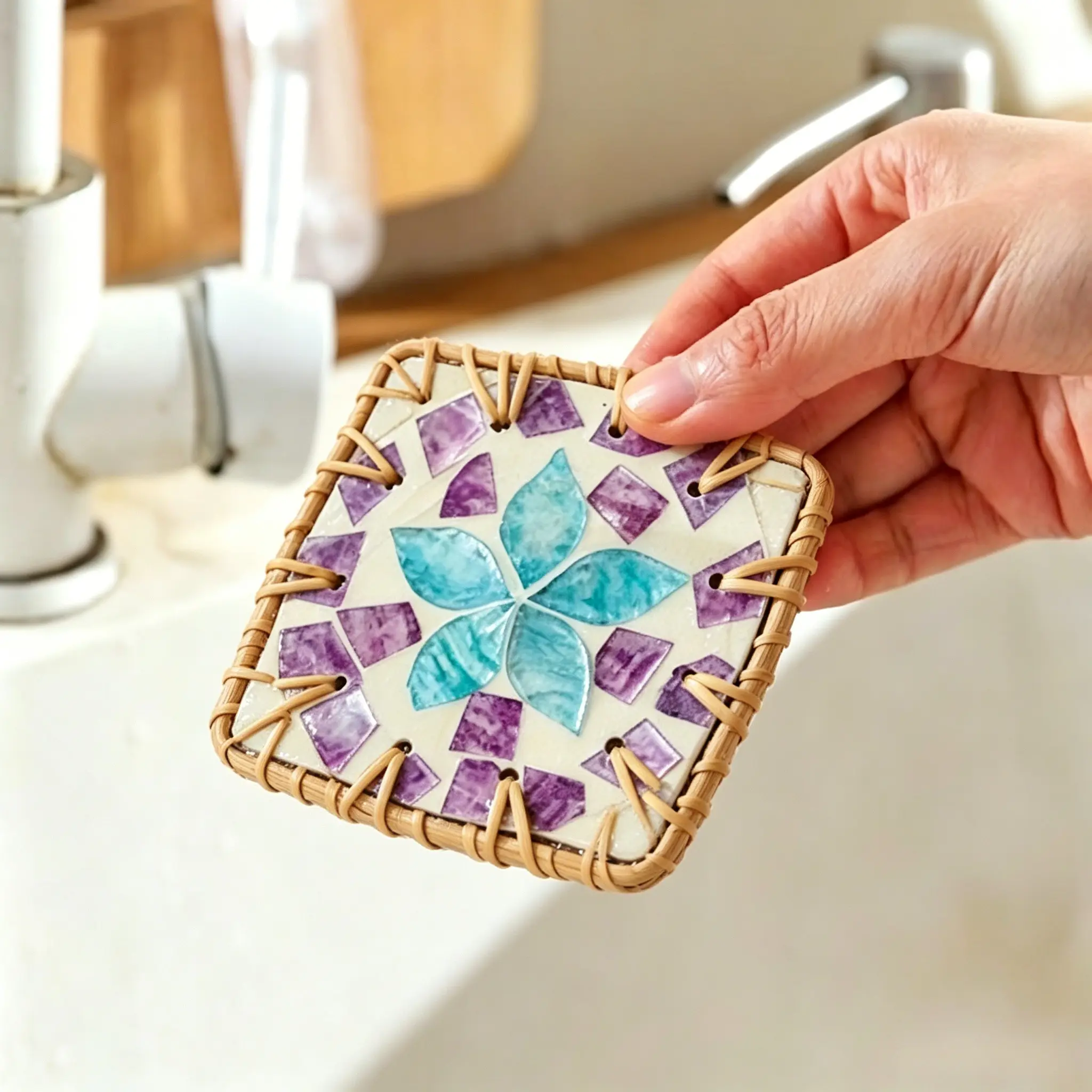 Single Boho Rattan Woven Square Coaster, Random Colorful Floral Shell Mosaic Drink Coaster, Handmade Heat Resistant Cup Mat for Coffee Tea Mugs, Decorative Table Protection Trivet for Home Kitchen