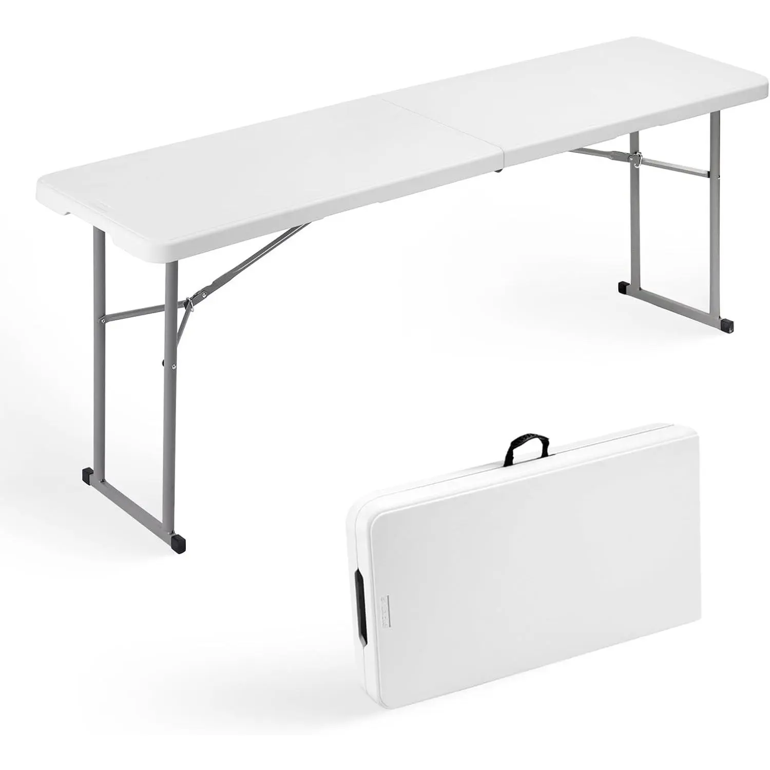Folding Table 6FT Narrow Portable Plastic Heavy Duty Table, White | Space-Saving Foldable Design, Fold-in-Half, HDPE Tabletop, Carrying Handle, Indoor Outdoor for Training, Buffet, Party