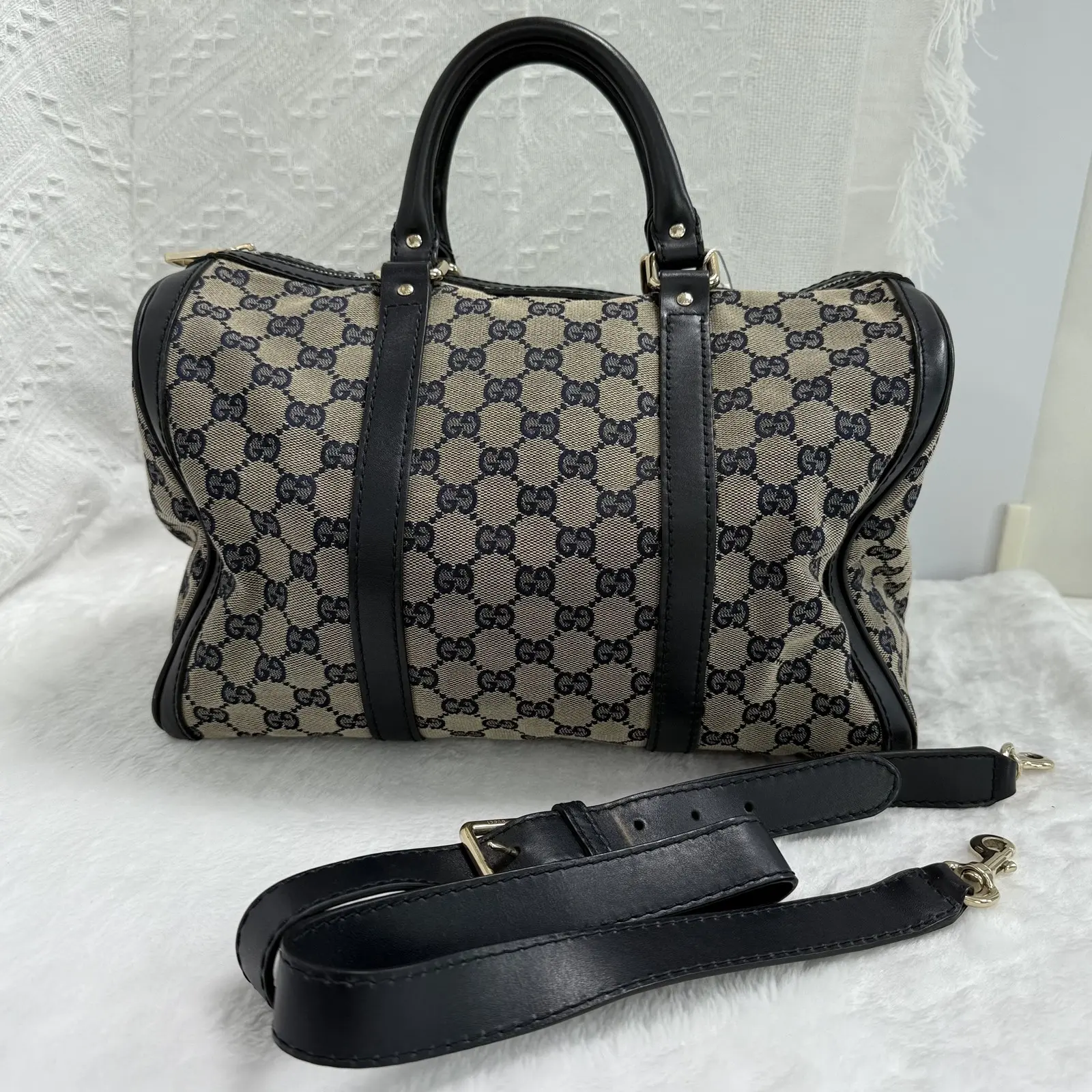 Pre-owned Gucci GG Supreme Boston Bag Vintage Beige Canvas Black Leathe X508 26.06.03