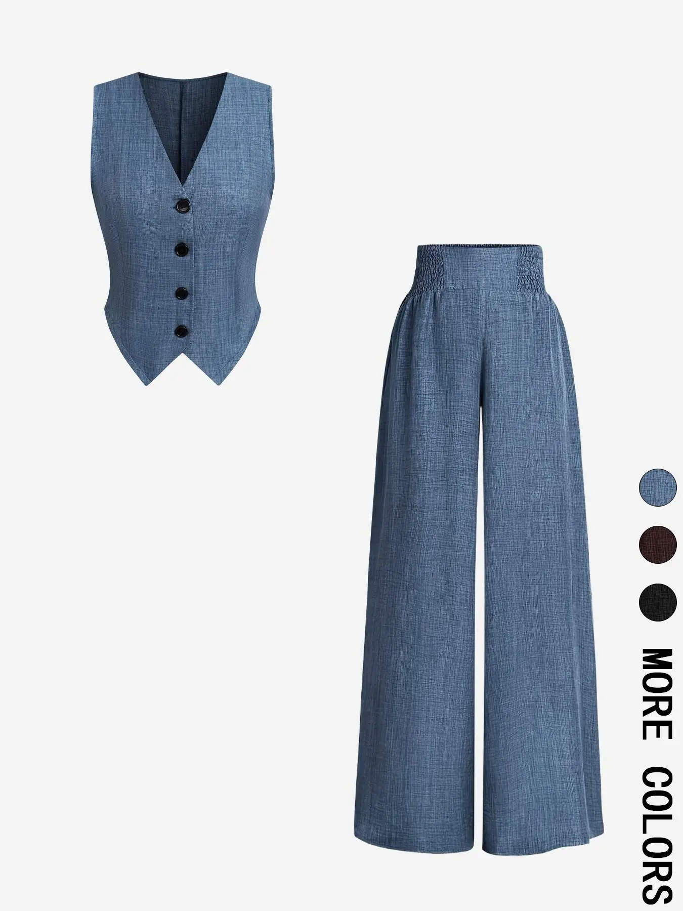 2-Piece Workwear Set, Button Front Fitted Vest and High-Waisted Shirred Wide-Leg Pants, Matching Outfit