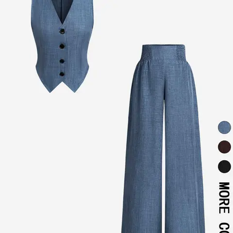 2-Piece's Workwear Set, Button Front Fitted Vest and High-Waisted Shirred Wide-Leg Pants, Matching Outfit Style