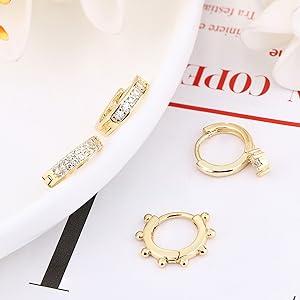 6-Pair Gold Huggie Hoop Set | 14K Gold Plated Stainless Steel | Dainty CZ Dangle & Cuff Earrings | Hypoallergenic Ear Stack for Sensitive Ears