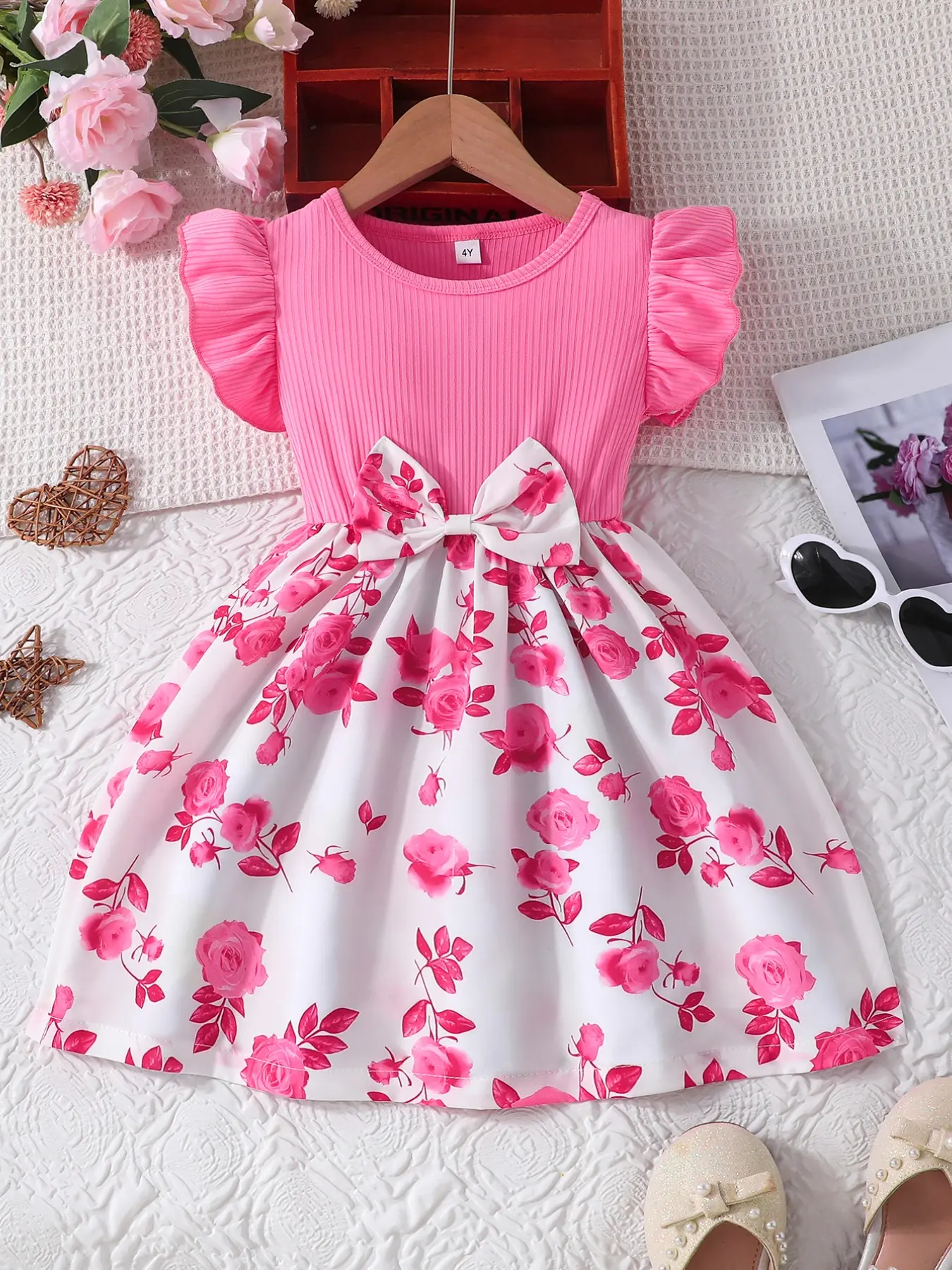 Girls dress, ribbed knit top, rose floral skirt, bow decor, casual daily wear for kids aged 2 to 7, summer outdoor outfit, Toddler dresses