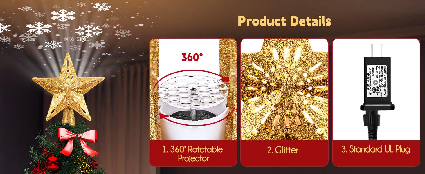 Christmas Star Tree Topper with Built-in Led Snowflake Projector Lights Hollowed Pentagram Tree Topper,Plug in Christmas Tree Ornament for Indoor Office Xmas New Year Holiday Tree Decoration