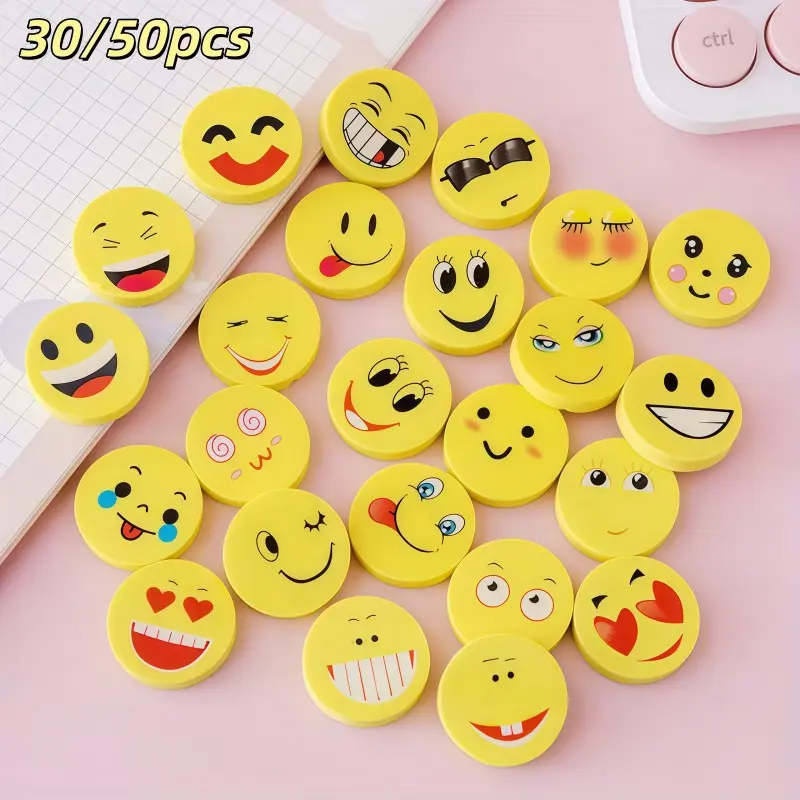 Cute Smiley Face Erasers, 30/50 Pieces, Clean Erase, Lightweight, Portable, Ideal for Classroom Rewards, Student Supplies, Notebook Decor, Kids Gifts
