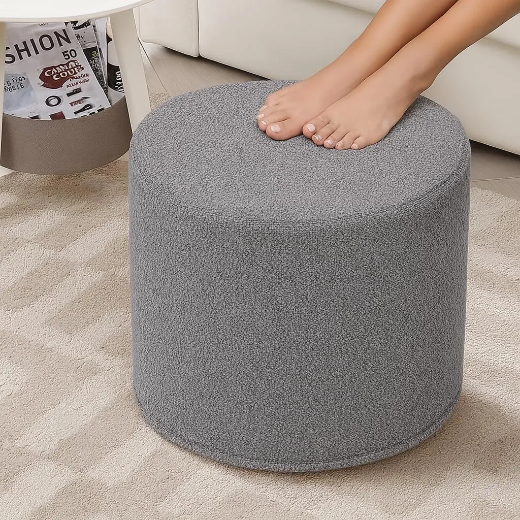 Grey Round Ottoman Foot Rest Stool – Modern Boucle Fabric Footstool with Soft Foam Filling, Lightweight Pouf for Living Room, Bedroom, Home Office – Neutral Grey