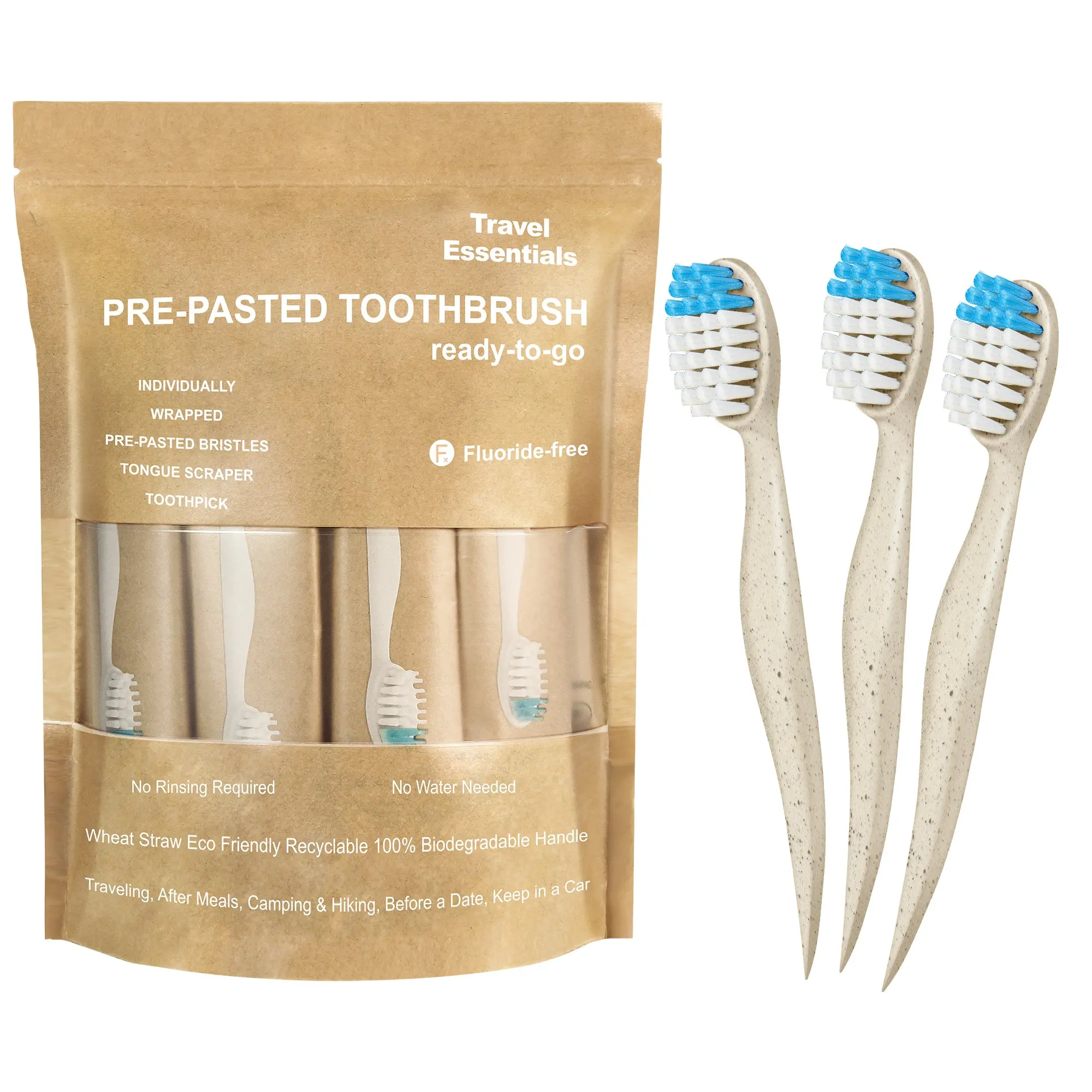 Prepasted Disposable Wheat Straw Toothbrushes, 26 Count Individually Wrapped, No Water Required, Soft Bristles, 4-in-1 Design  with Tongue Scraper and Toothpick for Travel, Camping, On-the-Go Use