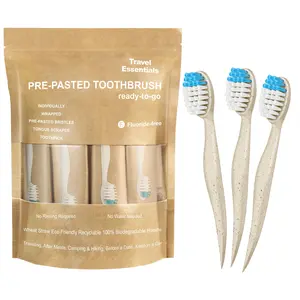 Prepasted Disposable Wheat Straw Toothbrushes, 26 Count Individually Wrapped, No Water Required, Soft Bristles, 4-in-1 Design  with Tongue Scraper and Toothpick for Travel, Camping, On-the-Go Use