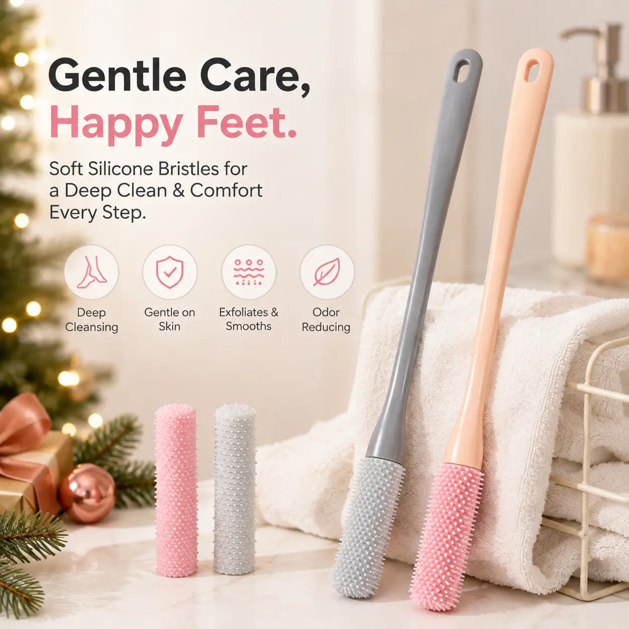 2Pcs/Set Toe Gap Cleaning Brushes,Foot Scrubber in Shower,15.7" Foot Scrubber in Shower with Long Handle,Silicone Foot Brush,Soft Skin Exfoliation Lotion Applicator,Halloween Christmas Party Gifts,Hand Tools Kits-YY2