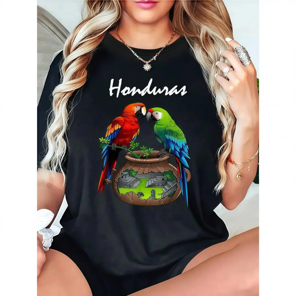 Men's "Honduras" Parrots & Cultural Landscape T-Shirt, Central America. Heritage Short Sleeve Tops, 100 Soft Casual Wear Handmade US Clothing