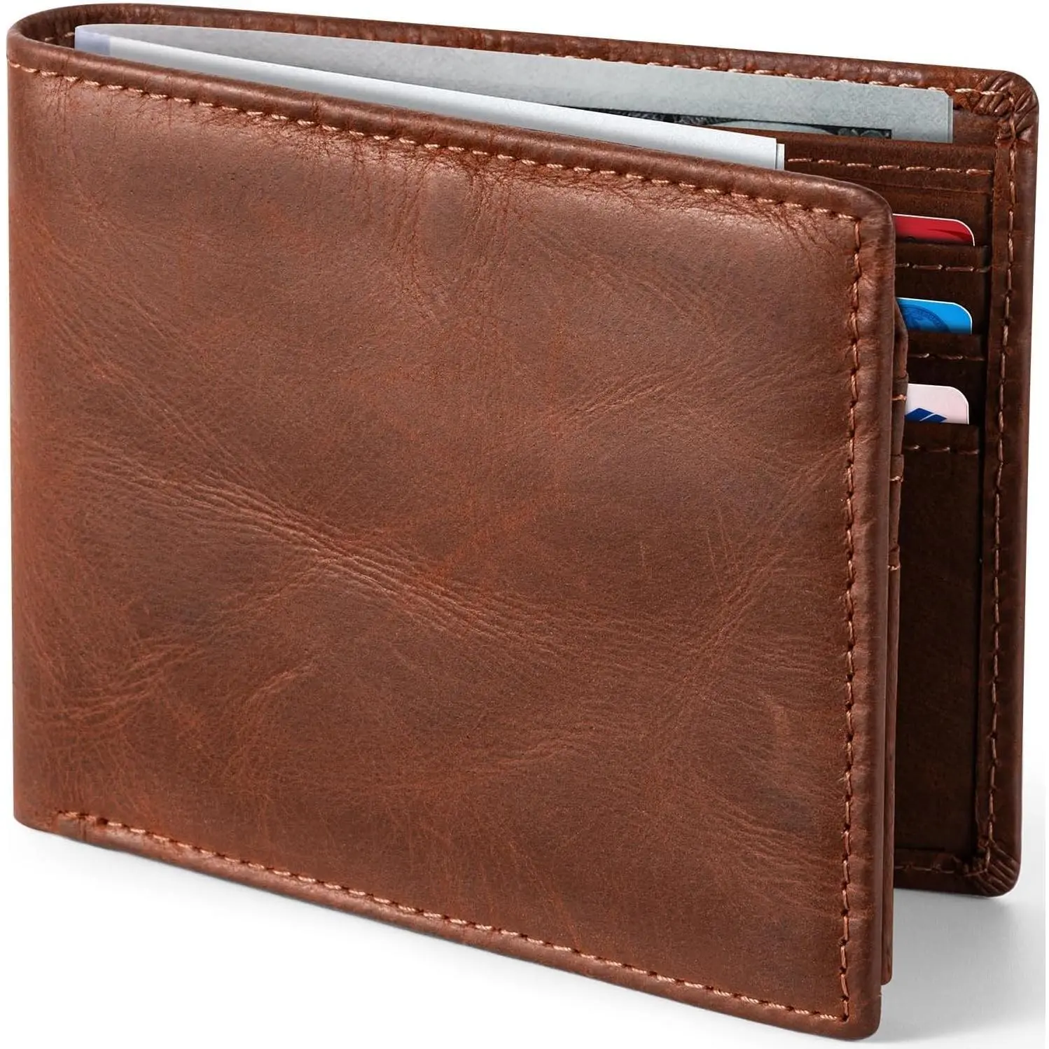 Premium Crazy Horse Leather Wallet for Men - Handcrafted Vintage Bifold Wallet with 11 Card Slots, 2 ID Windows & 2 Cash Pockets, RFID Blocking, Gift Ideas for Him (Brown)Gift