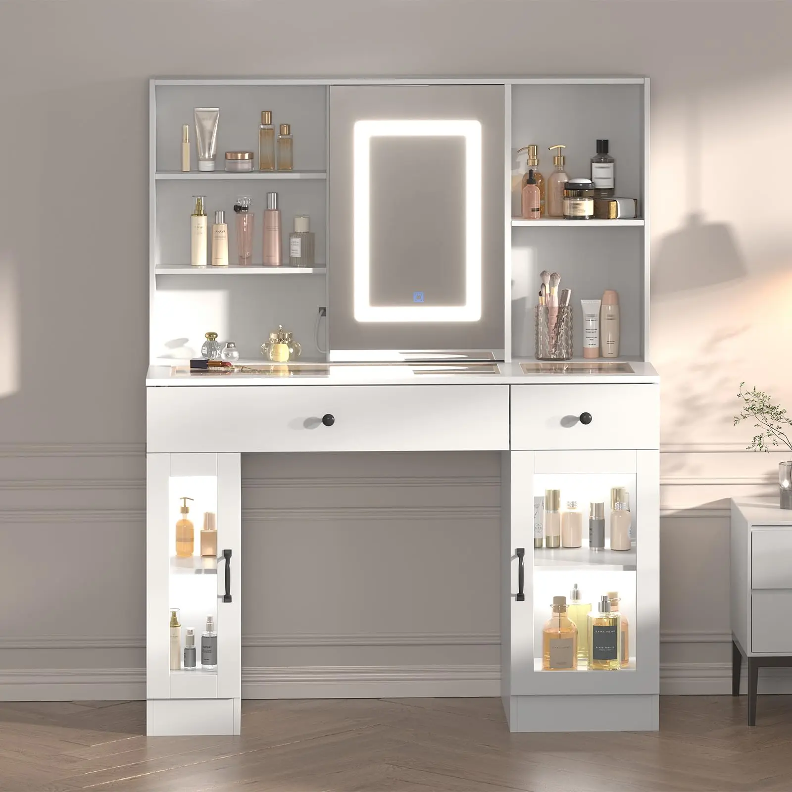 Vanity Desk with Mirror and Lights, Glass Top Vanity Desk with Sliding LED Mirror & 3-Color Lights, Makeup Dressing Table with Storage Drawers