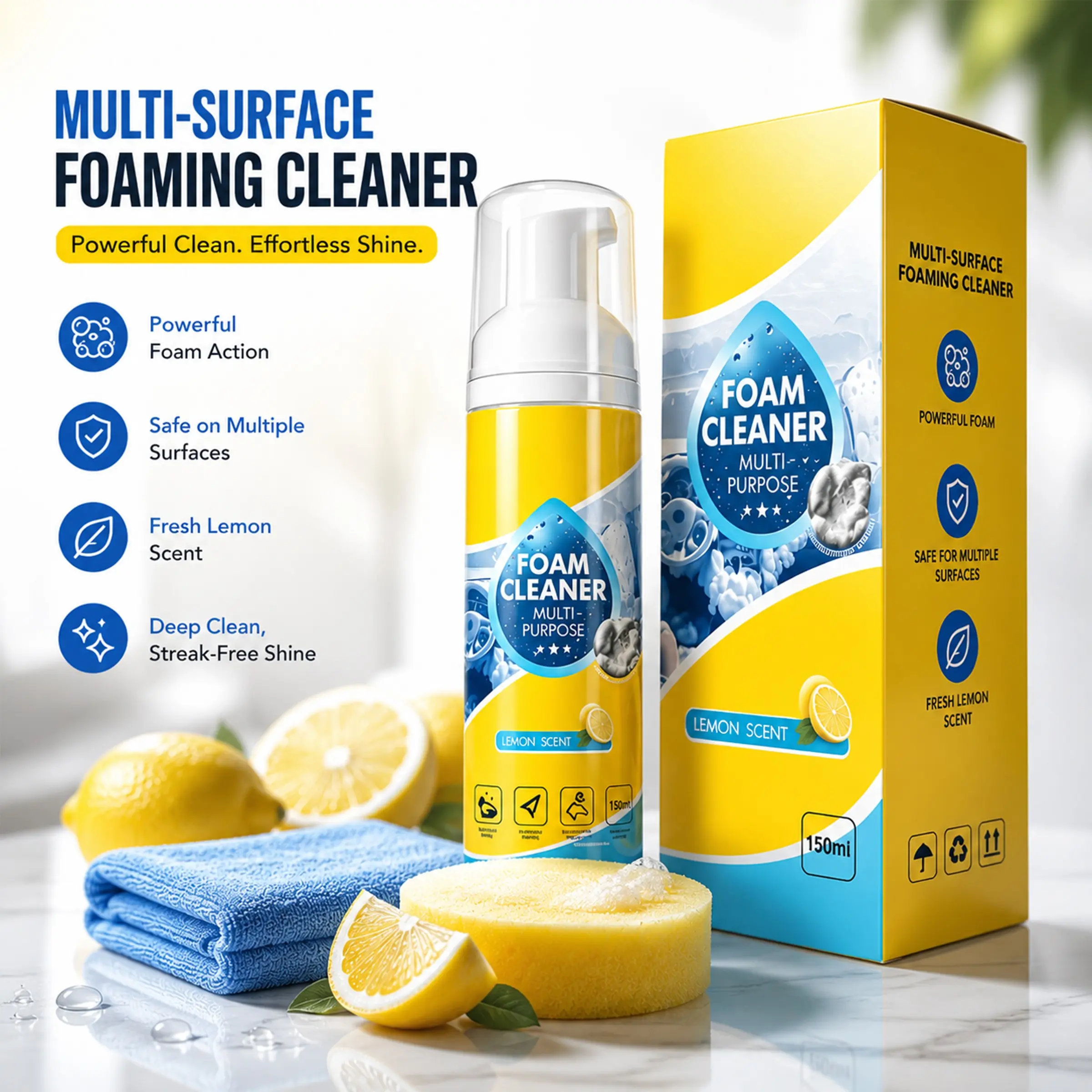 Foam Cleaner Spray, Car Cleaning Agent for Car Interior & Home – Multi-Surface, Rich Foam, No-Rinse Cleaning, Leather, Plastic, Fabric, 150ml with Sponge & Microfiber Cloth, Lemon Scen.sparx