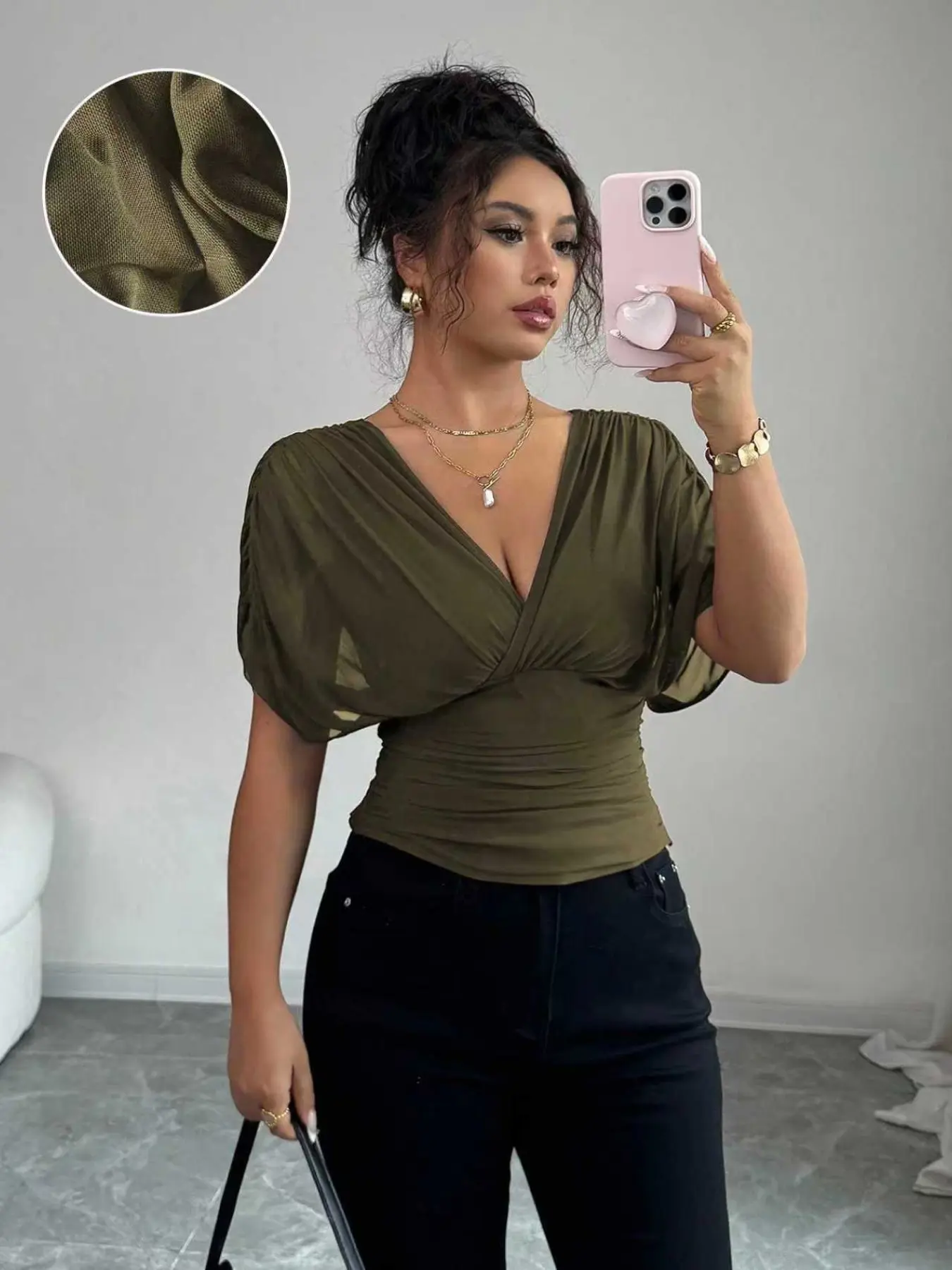 V-Neck Waist-Cinched Top, Sexy Batwing Sleeve Ruched Slimming Blouse, Stylish Chic Women's Casual Wear