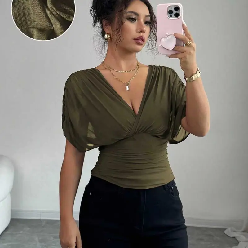 V-Neck Waist-Cinched Top, Sexy Batwing Sleeve Ruched Slimming Blouse, Stylish Chic Women's Casual Wear, Daily Wear Tops