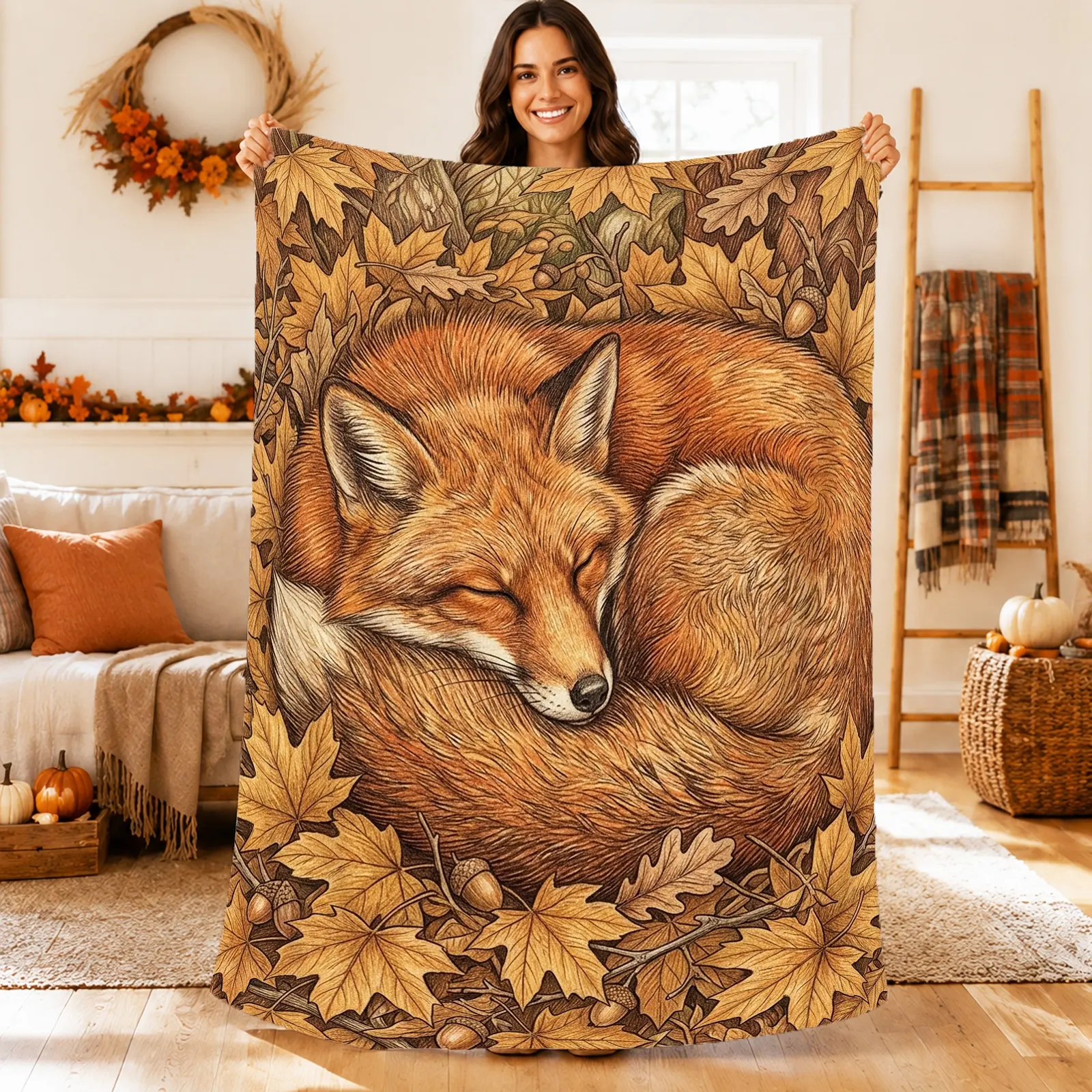 1pc Fox Maple Leaf Blanket, Rustic Autumn Design, Large Central Fox Illustration Surrounded by Autumn Leaves and Acorns, for Living Room Fall Decor and Cozy Home Accent