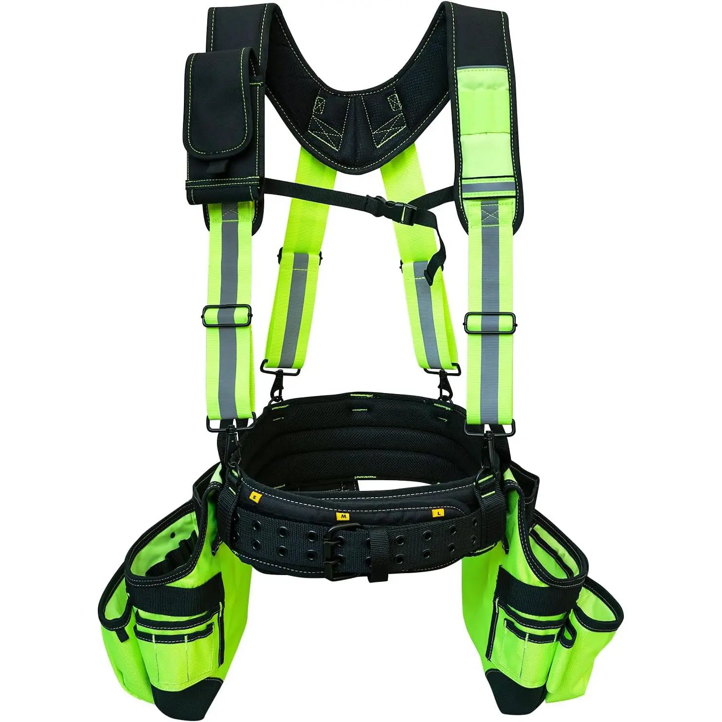 Reflective Safety Tool Belt with Suspenders Hi Vis Tool Bag Suspenders Tool Belt Construction Heavy Duty Work Suspension Rig (Hi Viz Lime)