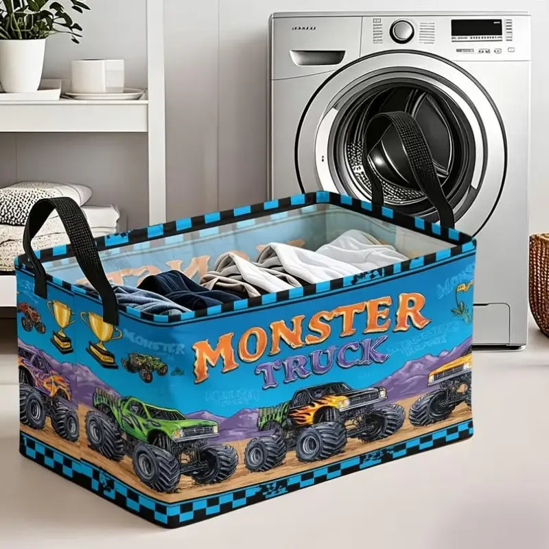 1PC, Storage Basket, Playful Monster Truck Racing Print with Cartoon Vehicles, Durable Organizer Bin for Home Storage, Perfect for Closet Bedroom & Living Room Space Organizing, 1 pc, Multiple Specifications Available, Shelf Baskets