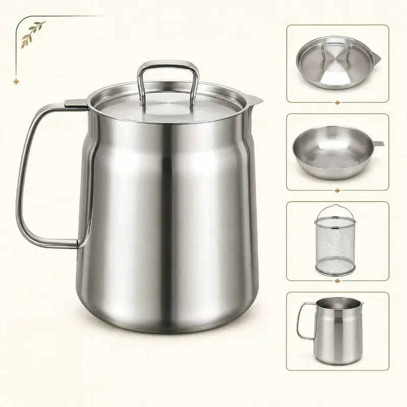 304 Stainless Steel Deep Fryer Pot with Basket & Strainer, Countertop Oil Fryer, Large Capacity Bacon Grease Container for Kitchen,Frying, Cooking, Camping,Oil Filter Container - Dishwasher Safe