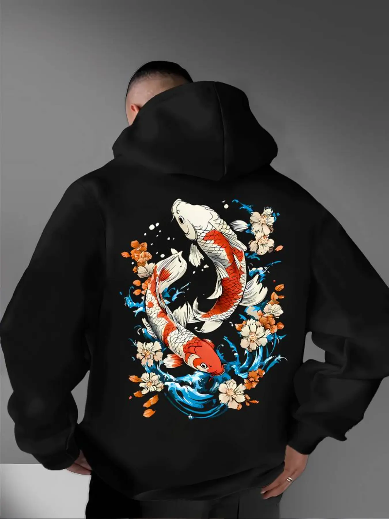 Men's Loose-Fit Hooded Sweatshirt, Japanese Style Koi Fish Cherry Blossom Print, Soft Comfortable Fall Winter Casual Top