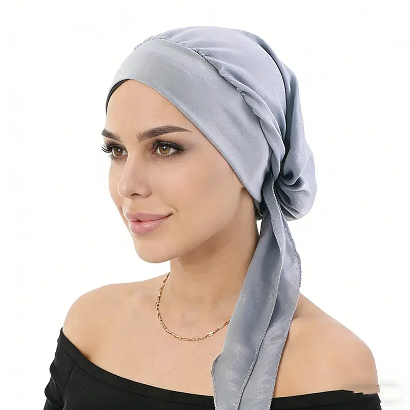 Women's Satin Pre-Tied Turban Headscarf - Knit Fabric, Elastic Wide Band, Floral Prints, Solid Colors, Pirate-Style Chemo Cap with Long Tail for Chemo Support, Fashion Turban, Scarf Head Wrap, Elastic Bands