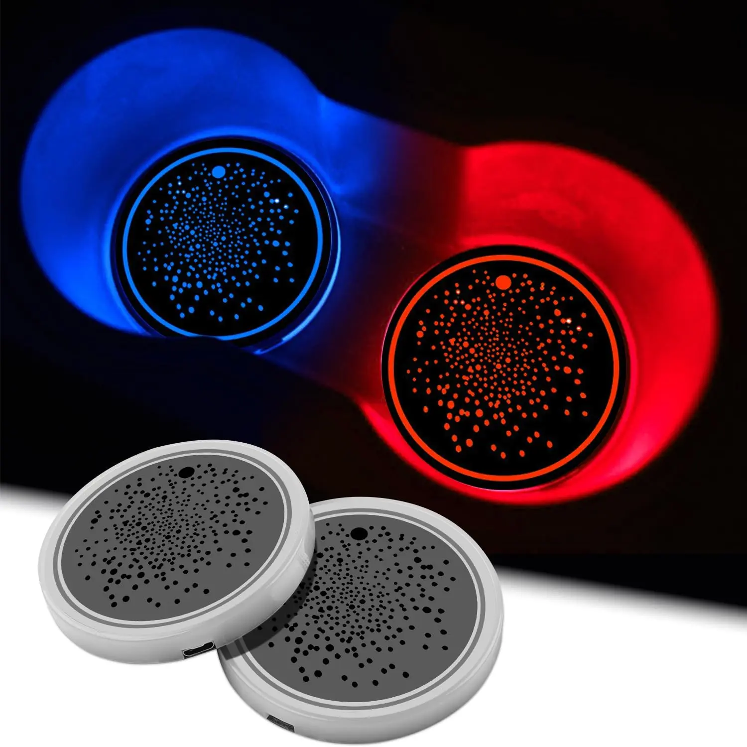 2Pcs USB Rechargeable Color Changing LED Plastic Car Cup Holder Coasters (2.67x2.67x0.35in) - 2x LED Cup Holder Lights, USB Cable Included, Light Embellishments, Decoration, Vehicle Stowing & Tidying Accessories