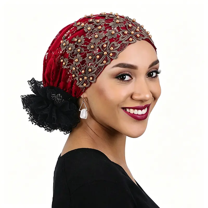 Viral Wine Red Pearl Bead Lace Floral Embroidered Turban Beanie Cap Black Lace Ruffle Bun Cover Full Coverage Bonnet Women Church Party Evening Glam Headwrap