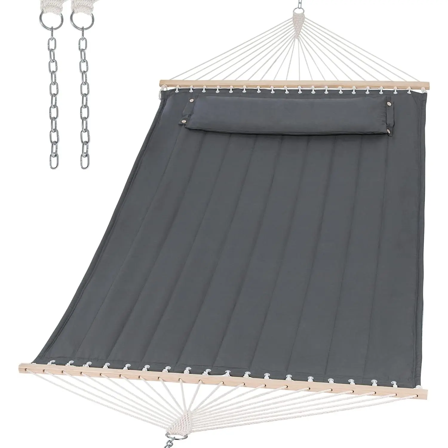 Portable Tree Hammock with Hardwood Spreader Bar, Extra Large Soft Pillow, Heavy Duty 2 Person Hammock for Indoor, Outdoor, Gray