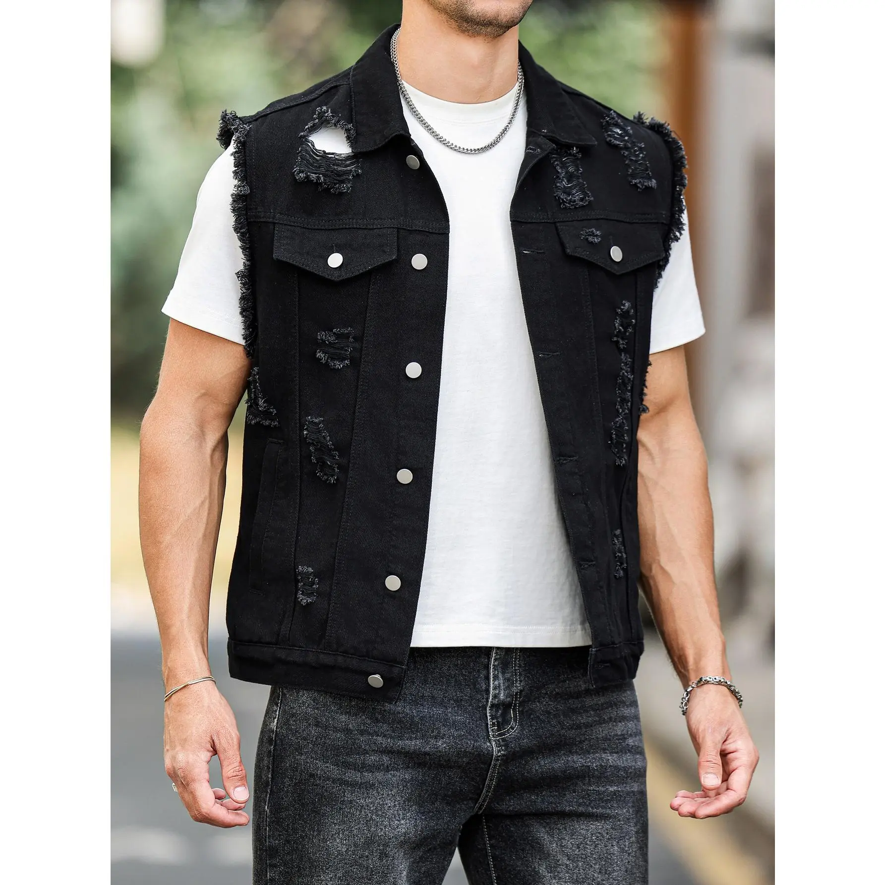Men's Denim Vest in Heavyweight Cotton, Distressed Black Biker Waistcoat with Hand-Shredded Details and Frayed Edges, Tops, Menswear, Fabric, Graphic, Tee, Grunge, Streetwear, Vibe, Sleeves