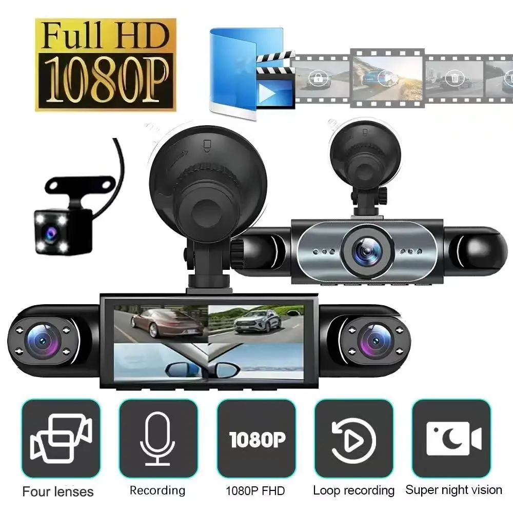 4K 1080P 4-Channel Dash Cam, Front Rear Interior Triple Lens Dvr, 3.16'' IPS Display, 64GB SD Card, Parking Mode, G-Sensor, Night Vision