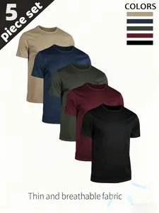 5 Pcs Quick-Dry Short Sleeve T-Shirts, Lightweight Men's Round Neck, Breathable, Sweat-Wicking, Ideal for Gym, Running, Fitness Training, Gym Activewear