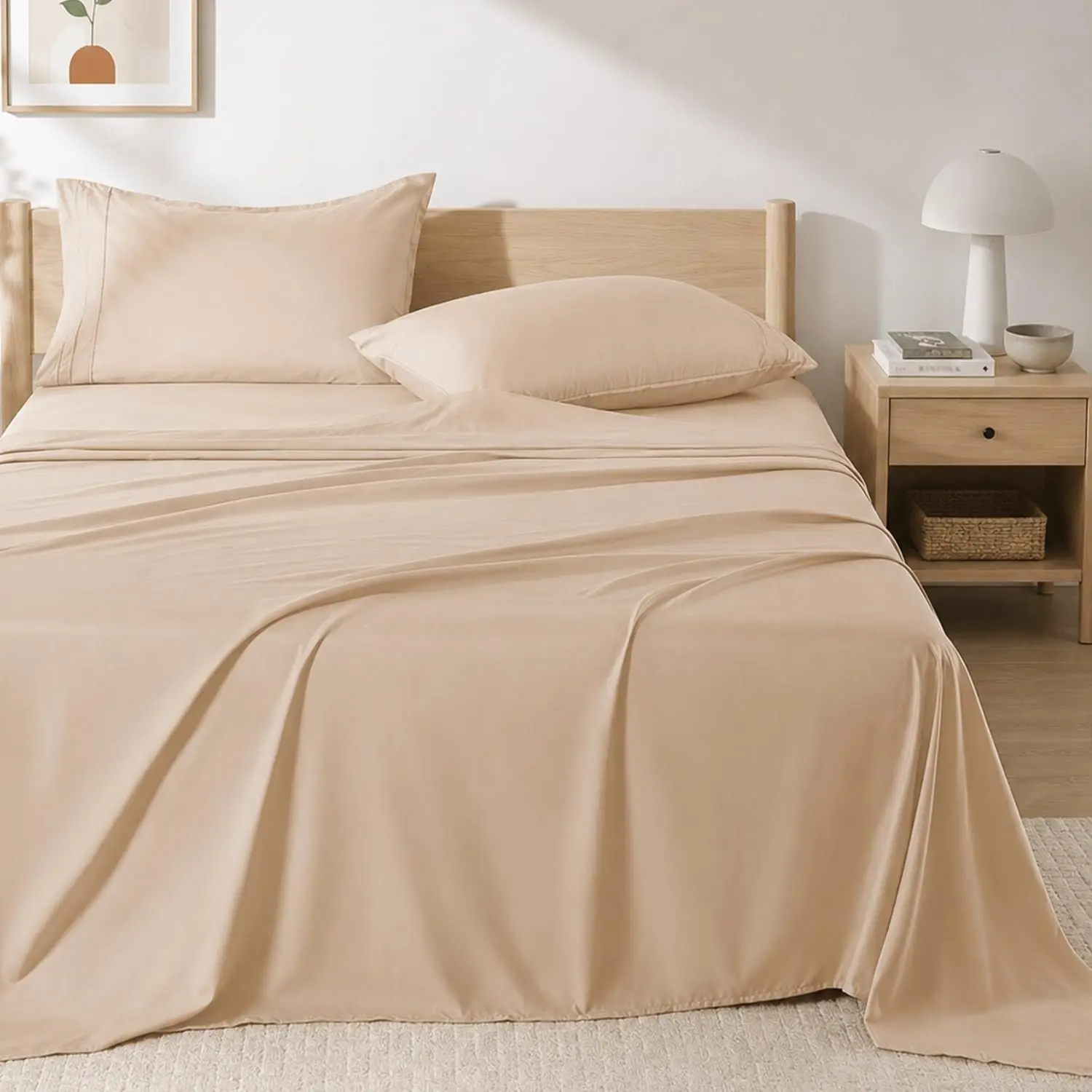 Khaki Queen Sheet Set, 4 Pieces Soft Bedding Queen Sheet Set, Breathable and Cooling,Includes 1 Fitted, 1 Flat, 2 Pillowcases - Deep Pocket (Khaki, Queen)