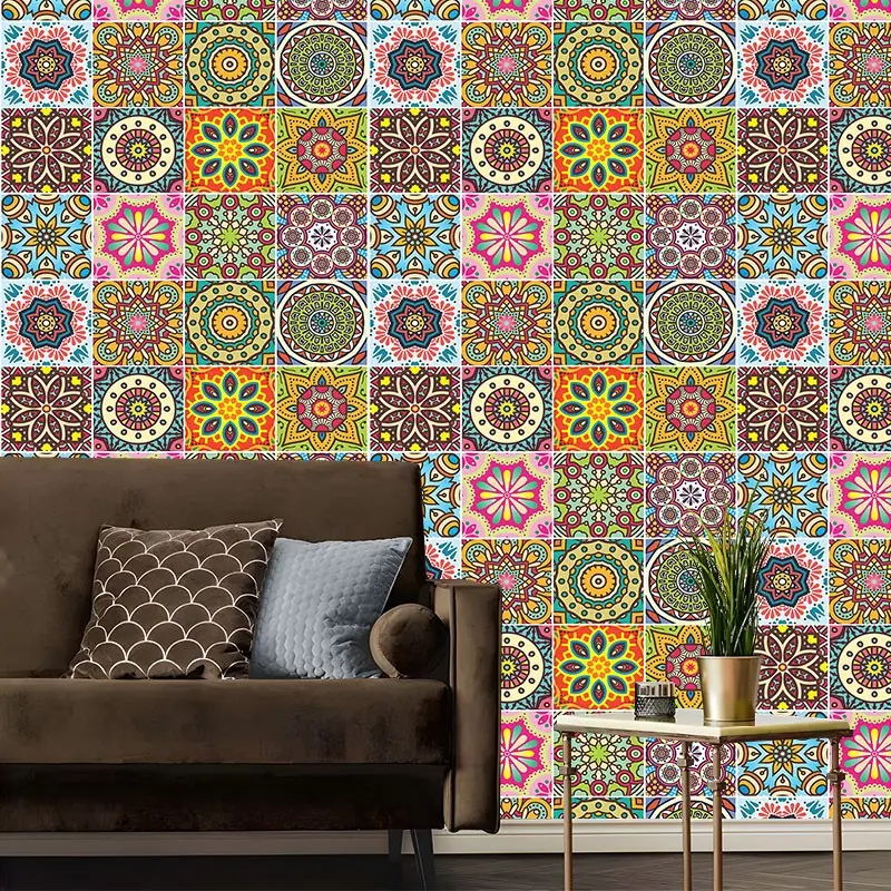 Colorful Boho Mexican Tile Peel And Stick Wallpaper,Resistant Easy To Clean Self Adhesive Removable No Residue Reusable Durable Home Decoration Suitable For Bedroom Living Room Cabinet All Indoor Decor Surfaces