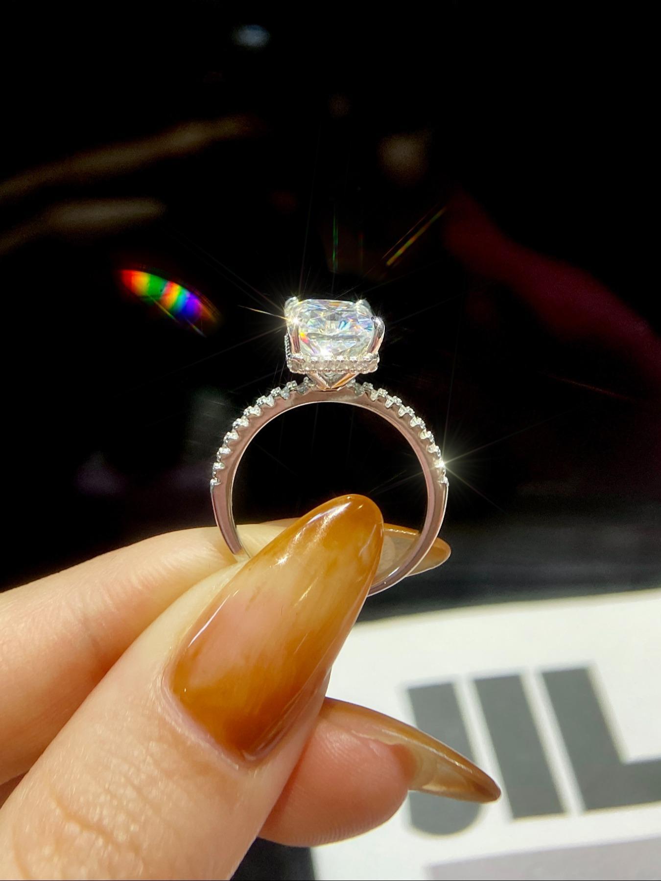 S925 Sterling Silver Synthetic Moissanite Engagement Ring,  Rectangle Shaped Ring, Fine Jewelry for Women, Anniversary Gift