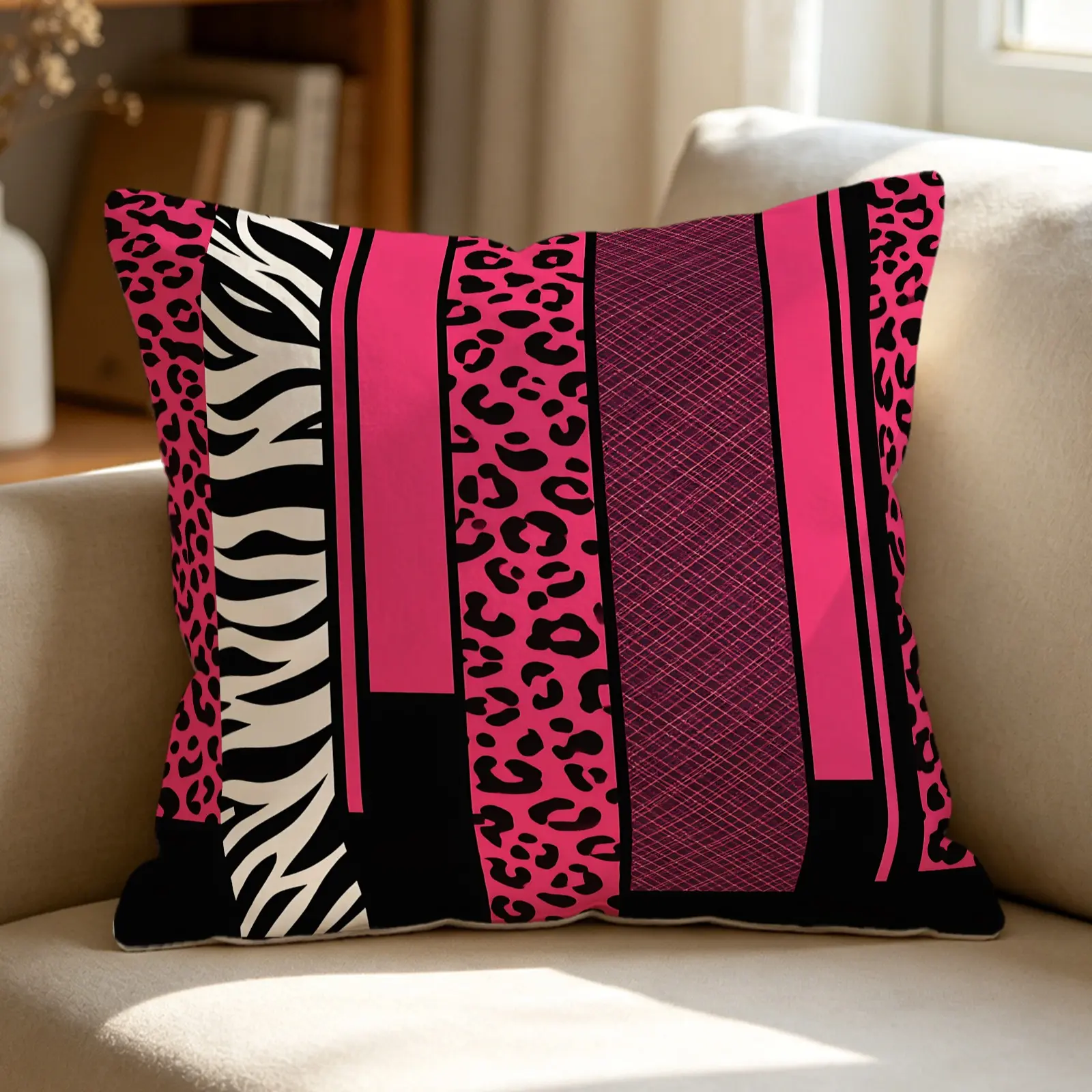 Hot Pink Leopard Zebra Stripes Print Throw Pillow, Soft Decorative Cushion, Stylish Accent Pillow with Includes Pillow Core, Premium Digital Printed Sofa Pillowcase Insert Combo for Couch Bedroom Car Dorm, Trendy Home Decor & Holiday Birthday Gift for Wom