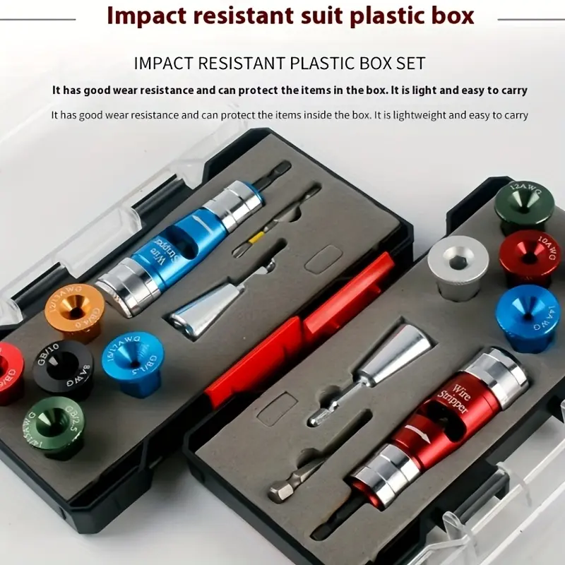 An 8-in-1 set of aluminum wire stripping and twisting tools, suitable for use with drill bits as well as electrical wiring stripping and twisting attachments; a fast-operating wire stripping tool, part of an electrical toolkit, featuring a quick wire stri