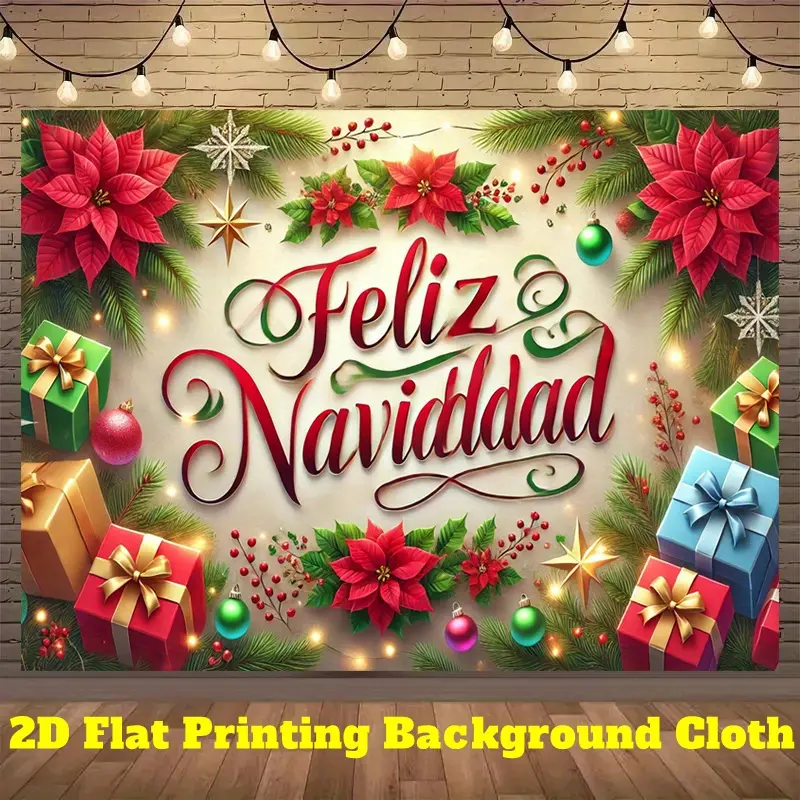 Christmas Backdrop Tapestry - Red Poinsettia "Feliz Navidad" Polyester Banner, Home Decor for Room, Indoor-Outdoor Party, New Year Celebration, Photo Booth Background