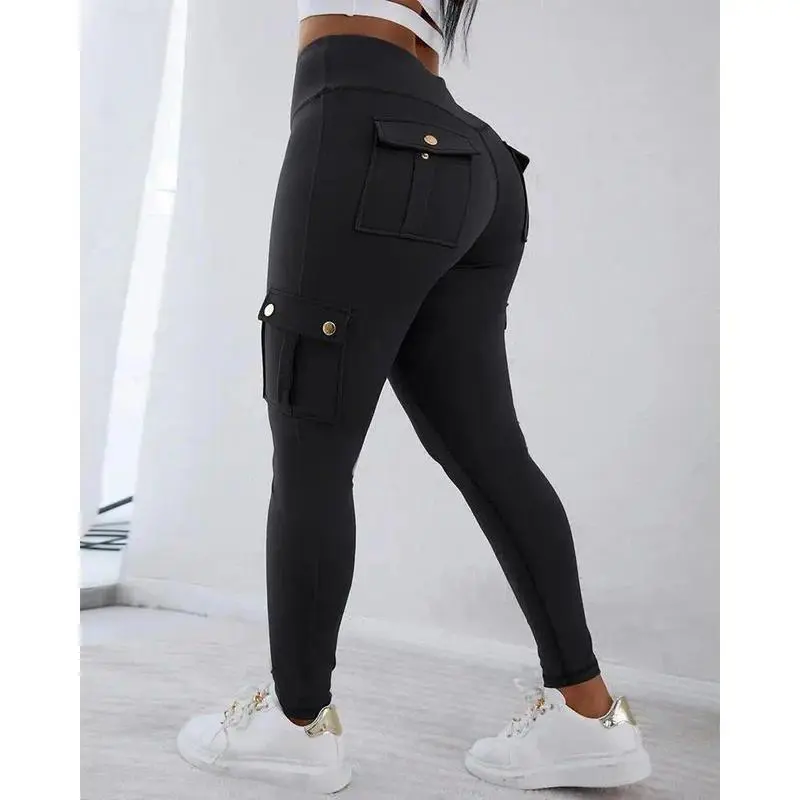 Women Cargo Pocket High Waist Leggings, Stretch Slim Fit Workout Pants, Casual Athletic Running Fitness Trousers