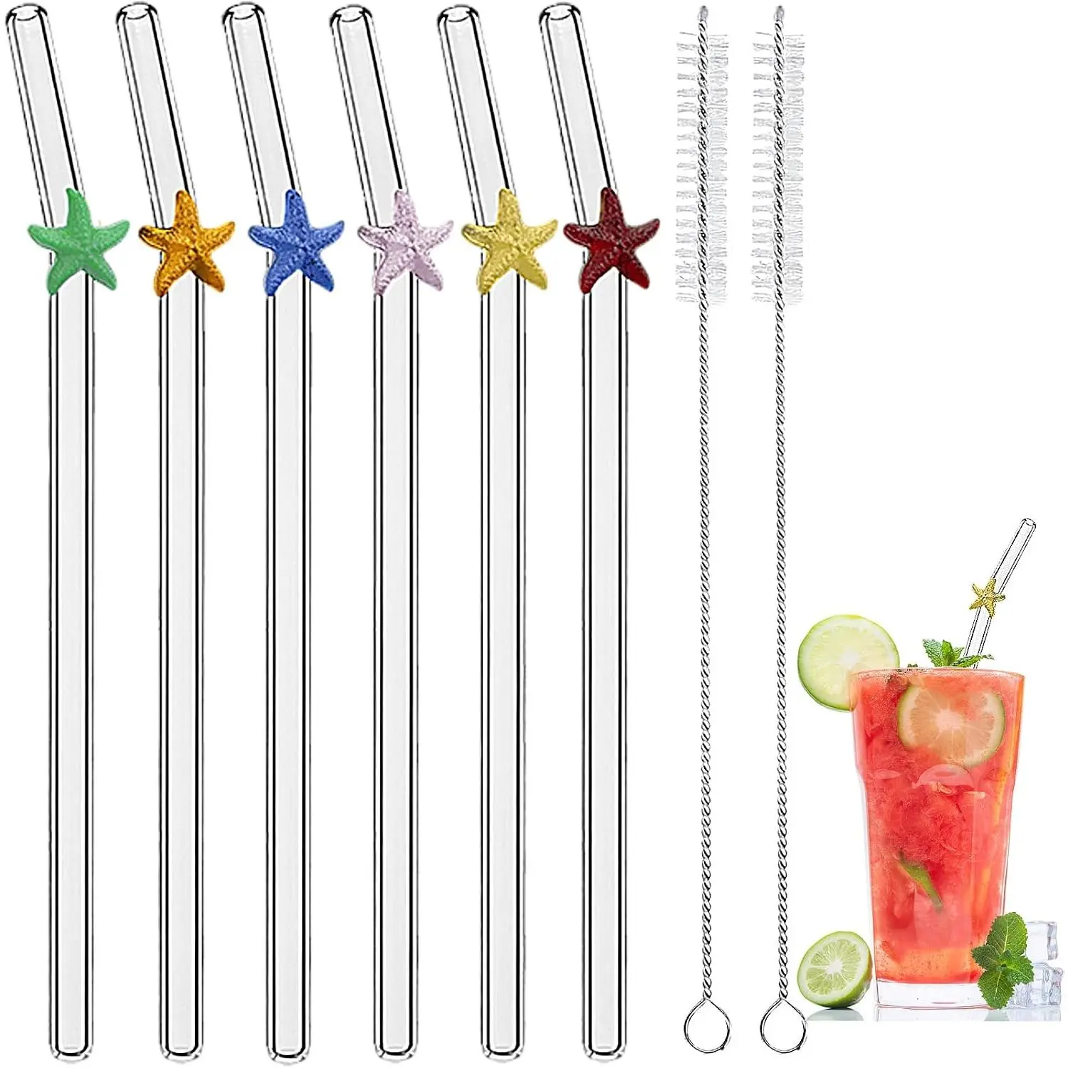 Glass Drinking Straws with Charms, 6 Bent Straws + 2 Brushes, 7.9in x 8mm