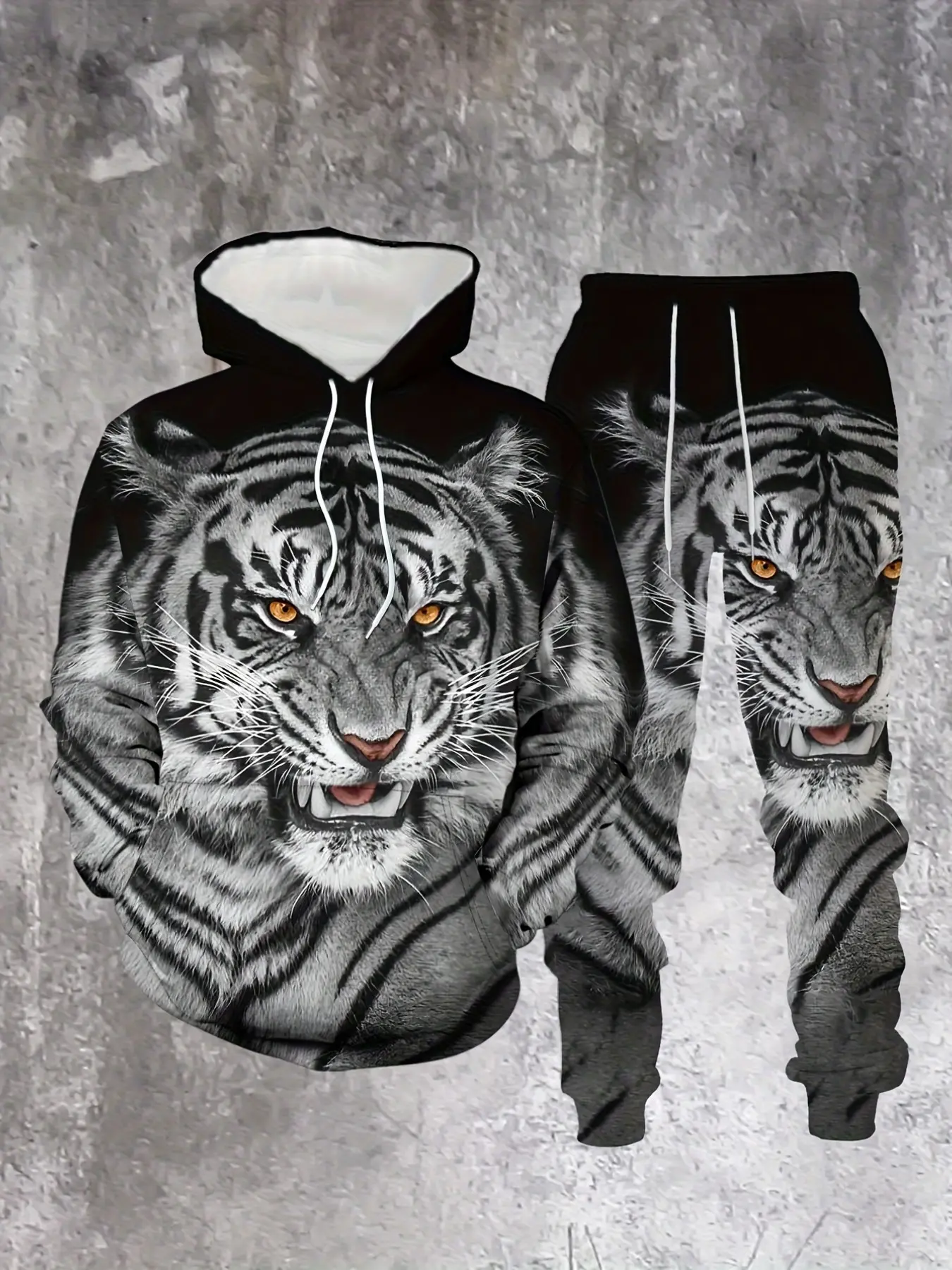 Men's 3D Printed Tiger Pattern Hooded Sweatshirt Set, Casual Long Sleeve Pullover, Fall & Winter Slim Fit, Sporty Ankle-Length Pants