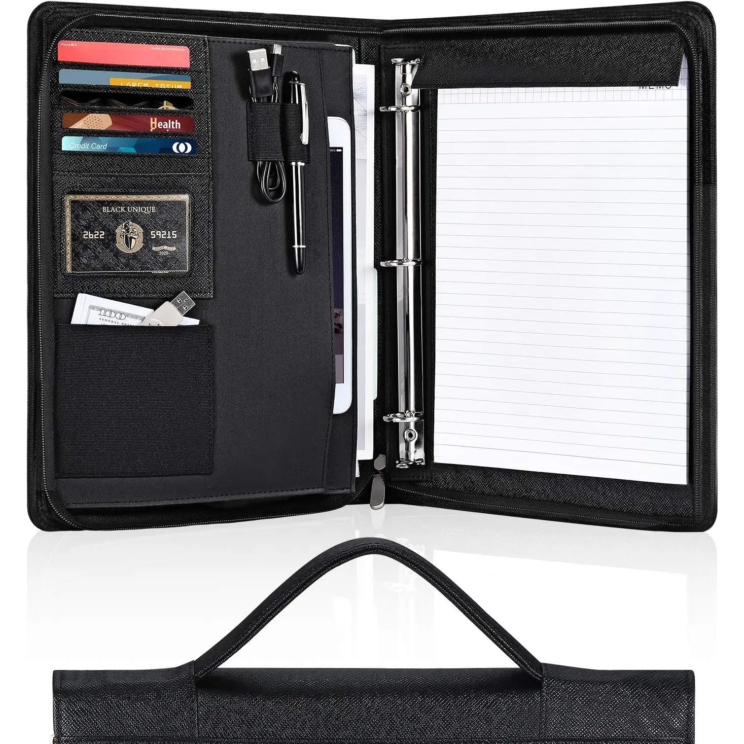Portfolio Binder,  3 Ring Binder Portfolio Organizer with Leather Folder Writing Pad Zipper Business Notebook Binders Tablets Notepads Resumes Documents Holder for Men Women