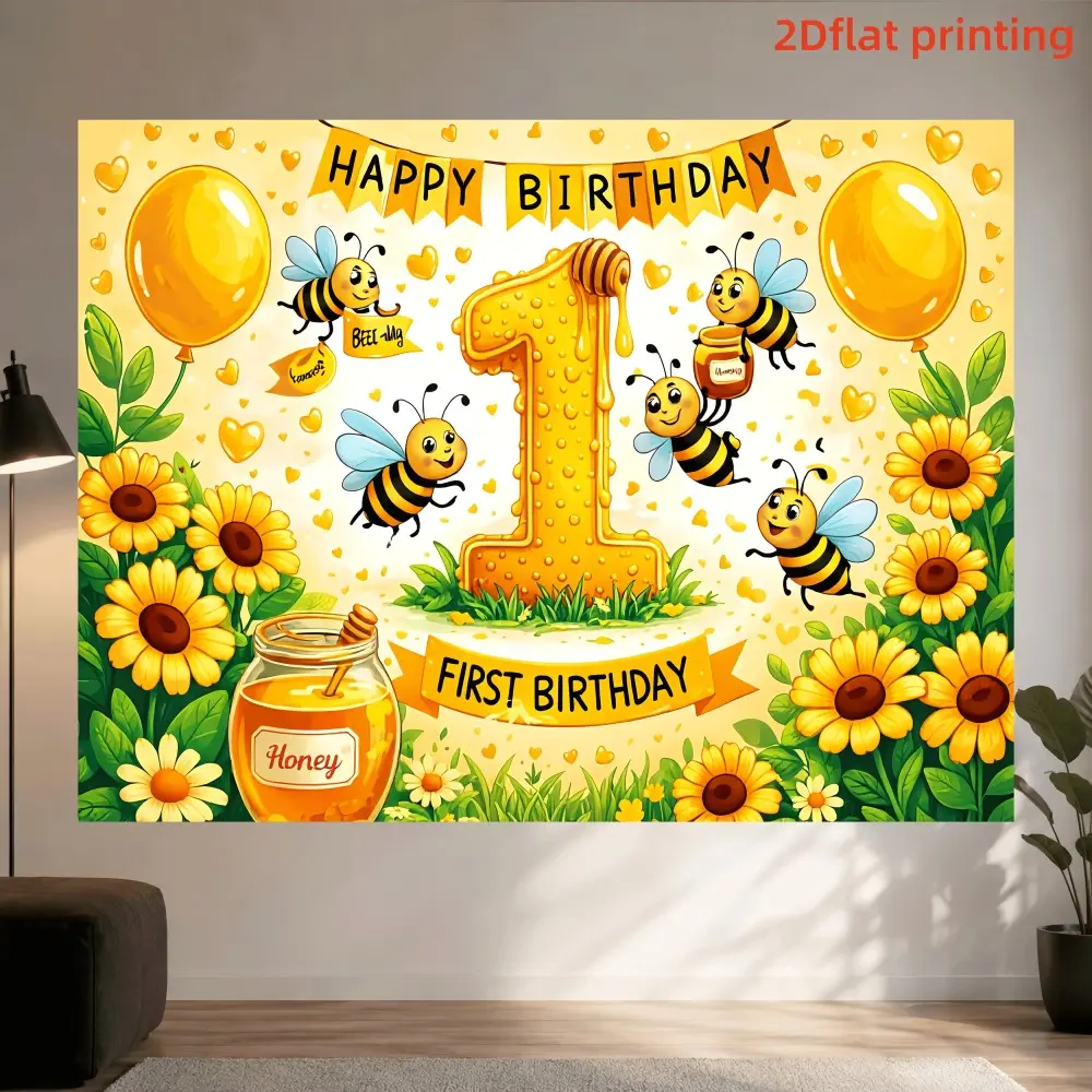 1PC 2D Flat Cartoon Bee Sunflower Honey 1st Birthday Party Backdrop Fabric Polyester Fiber Suitable for Living Room Bedroom Office Birthday Anniversary Home Decor Indoor and Outdoor Party Photography