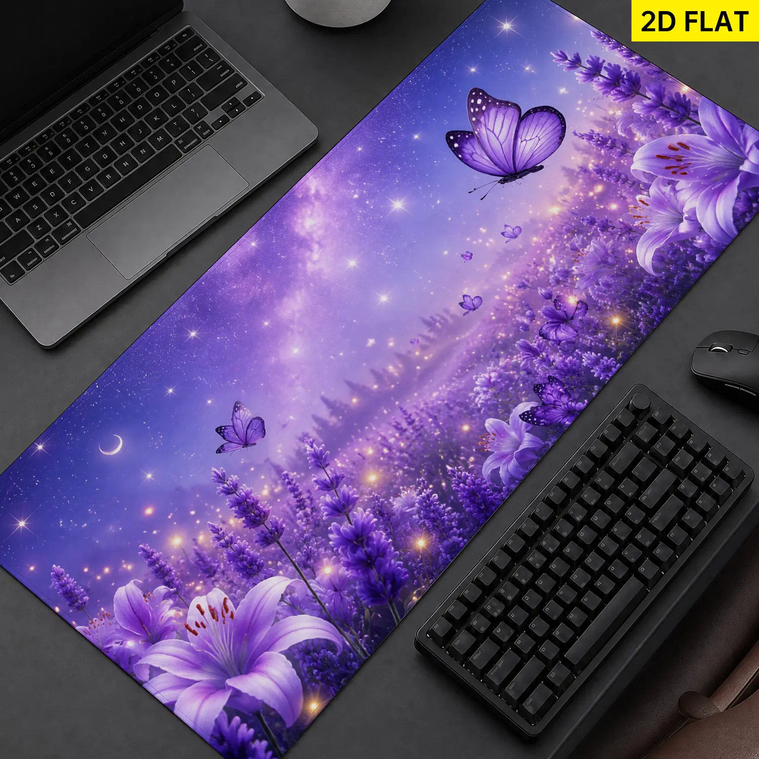 Extra Large Purple Butterfly Lavender Flower Galaxy Mouse Pad, Non Slip Rubber Pad, Desktop Decoration Drotection Pad, Washable, Lock Edge Multi Size, Premium Multipurpose Mousepad For Home, Office, Gift for Family and Friends