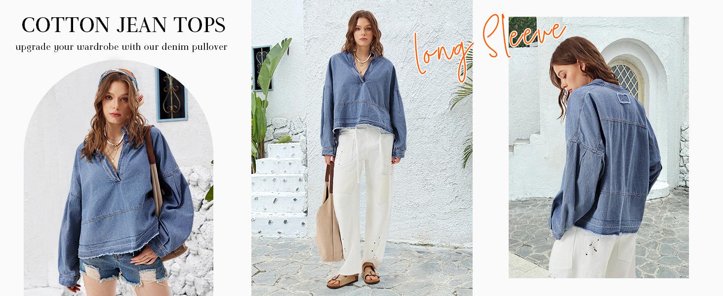 FMEYOA Womens Denim Tops Pullover Trendy Casual V Neck Loose Fit Puff Sleeve Jean Cotton Shirts